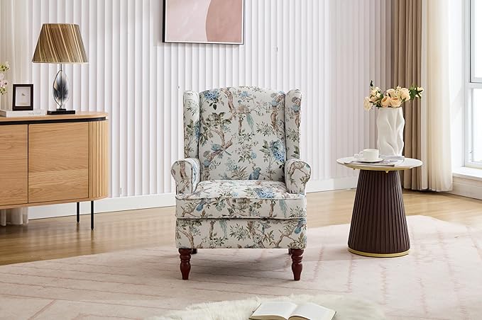 KEIKI Floral Accent Chair for Living Room – Artistic Heritage Look with Natural Wood Base, Statement Upholstered Armchair for Everyday Relaxation