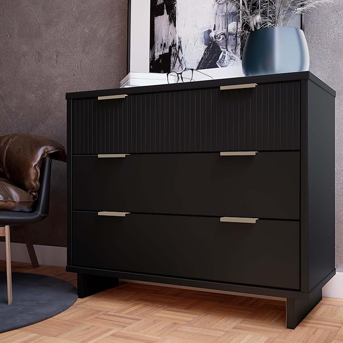 Manhattan Comfort Granville 38-Inch Solid Wood Dresser with 3 Full Extension Soft Close Drawers, Fluted Ribbed Front with Gold Metal Handles for Bedroom, Living Room, Dorm, Nursery in Black