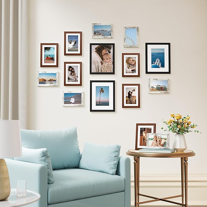 Vittanly 15 Pack Picture Frames Collage Wall Decor for Mounting or Tabletop Display, Gallery Frame Set Including 3pcs 8x10, 6pcs 5x7, 6pcs 4x6, Black, Walnut Brown and Distressed White