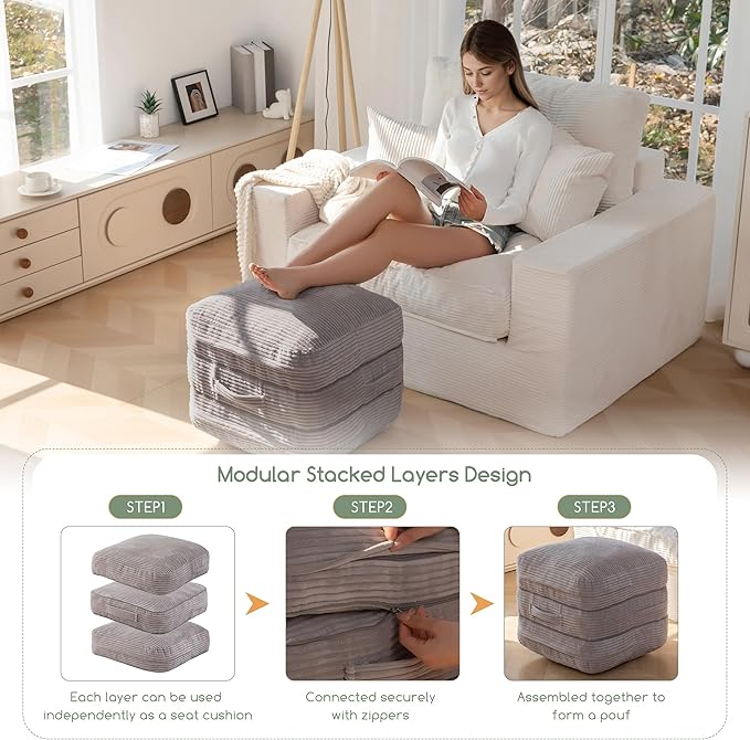 HIGOGOGO Pouf Ottoman Stuffed Square Modern Foam Filled Foot Rest Poufs 20 X 18 Inches Modular Ottomans Separated Into Floor Cushions for Living Room Chair Decorative Stool, Grey