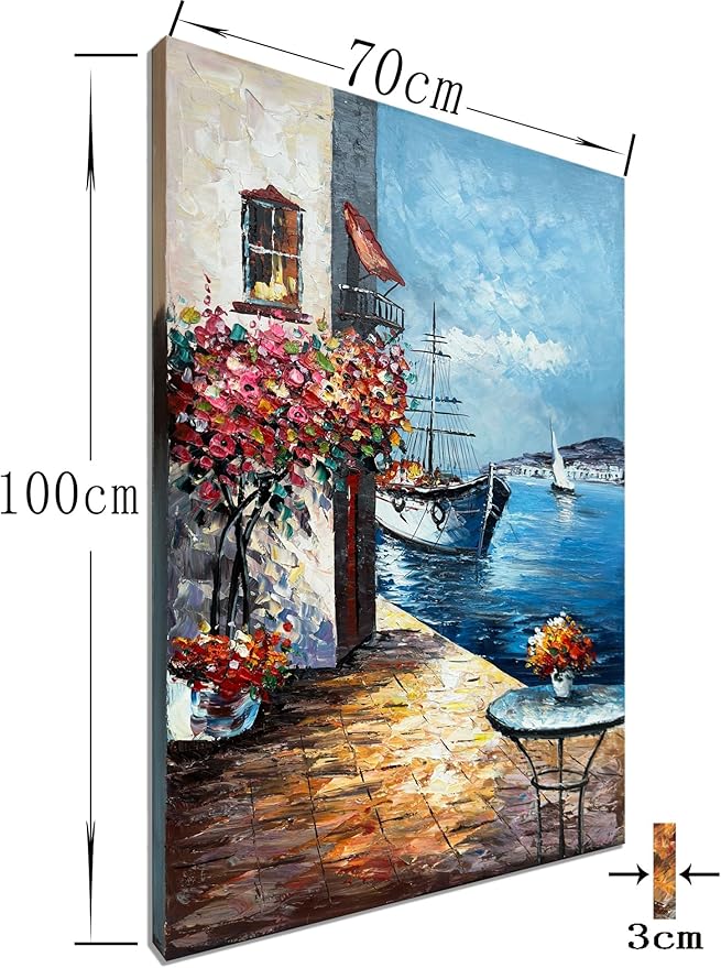 Alenoss Handmade Mediterranean Landscape Painting - 28x40 Inches Large 3D Wall Art for Home Decorations - Framed Abstract Canvas Wall Art - Contemporary Texture Wall Decor