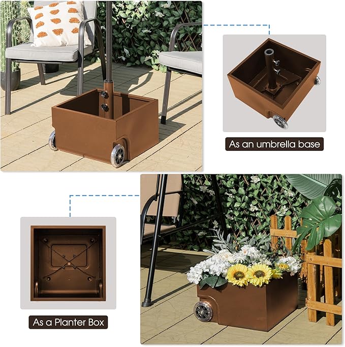 Giantex 170lbs Filled Umbrella Base with Wheels, Heavy Duty Umbrella Stand with Fillable Planter, Drainage Holes, Outdoor Market Umbrella Holder for Patio Garden Deck Pool (Brown)
