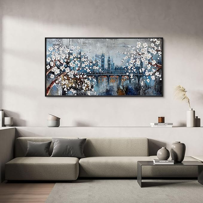 KLAKLA Wall Art for Living Room City Scenes - Black Frame Large Abstract Wall Decor Bedroom Office Landscape Plum Blossom Picture Artwork for wall Modern Home Decoration