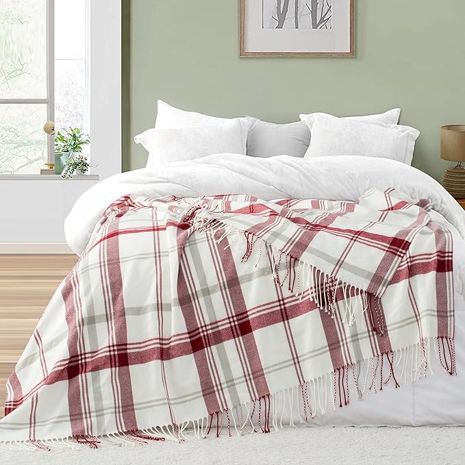 Red and White Plaid Throw Blanket for Couch,50"X60" Super Soft Cozy Warm Home Decorative Throws with Tassels for Bed Sofa Picnic