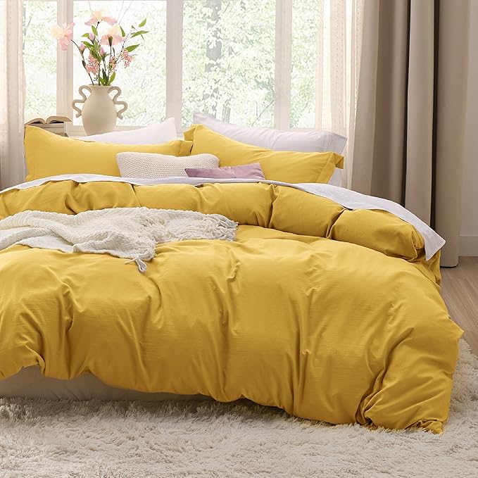 Bedsure Mustard Yellow Duvet Cover Twin/Twin XL Size - 2 Pieces Prewashed Cotton-Like Extra Soft Bedding Set, Includes 1 Twin Duvet Cover 68x90 Inches with Zipper Closure & 1 Pillow Sham, No Comforter