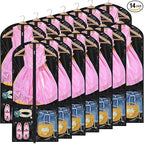 14 Pcs Garment Bags for Dance Costumes Clear PVC with Zippers 24 x 50 Inch Suits Bag with Pockets Dance Costume Organizer Carrier for Storage Cover for Adult(Translucent Black,Classic)