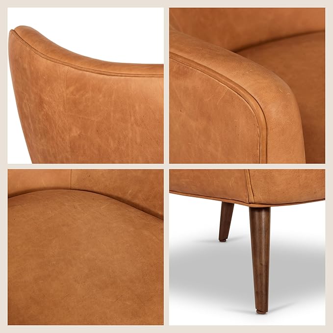 Poly & BARK Aida Leather Lounge Chair – 40.5” Mid-Century Accent Chair for Living Room or Bedroom – Full-Grain Italian Leather, Solid Wood Legs, Feather-Down Comfort – Cognac Tan