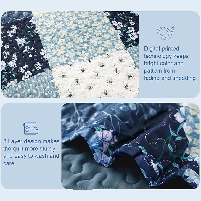 Exclusivo Mezcla Reversible Boho Quilts King Size, Blue Bedspreads Lightweight Coverlet All Season Patchwork Quilt Bedding Set with Printed Floral Pattern (1 Quilt, 2 Pillow Shams)