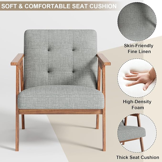Mid Century Accent Chair, Upholstered Fabric Lounge Chair with Walnut Finish Frame for Living Room, Comfortable Sofa Chairs in Gray