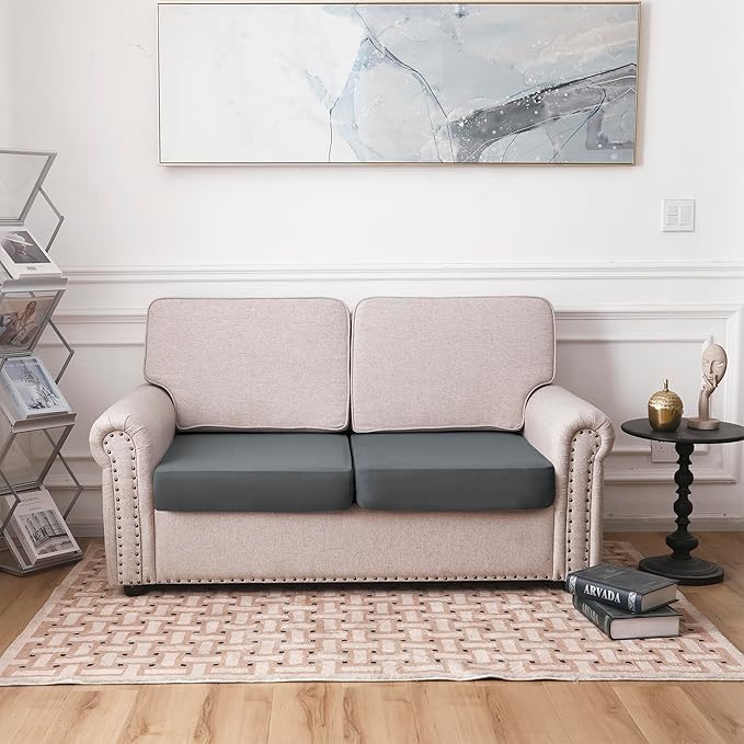 100% Waterproof Couch Cushion Covers, Replacement Sofa Cushion Covers, Stretch Individual Sofa Seat Cushion Slipcovers Furniture Protector for Kids Pets (2-Piece Loveseat Cushion Cover, Grey)