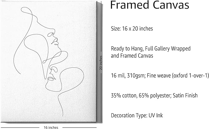 Minimalist Face to Face Wrapped Canvas Wall Art Two Portraits Continuous Line Drawing 16x20 Inch Gallery Stretched Modern Asian Home Art Decor