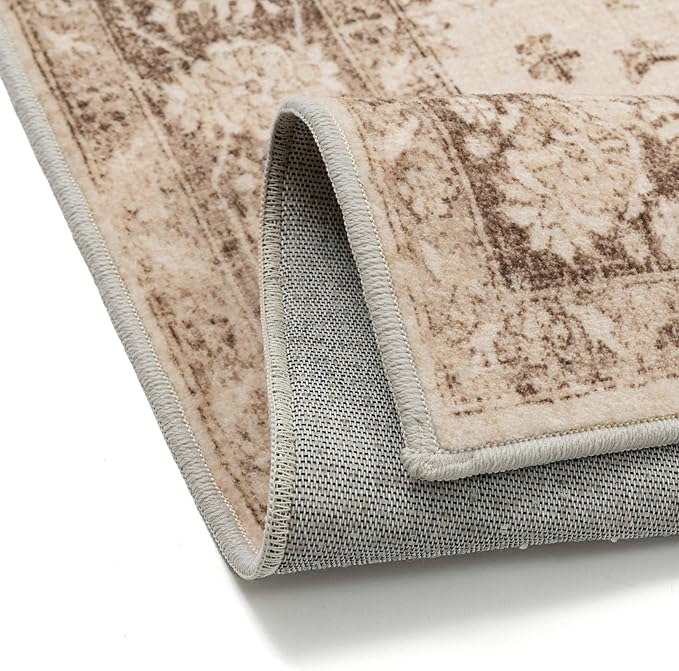 Brown 5x7 Area Rug Washable Vintage Living Room Carpet Non Slip Retro Distressed Low Pile Soft Oriental Medallion Thin Throw Rug for Kitchen Bathroom Office Bedroom Dining Room