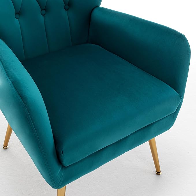 Modern Chic Mid-Century Velvet Accent Armchair for Living Room, Bedroom, or Home Office, Button-Tufted Wingback Design with Gold Flared Legs, Dark Teal