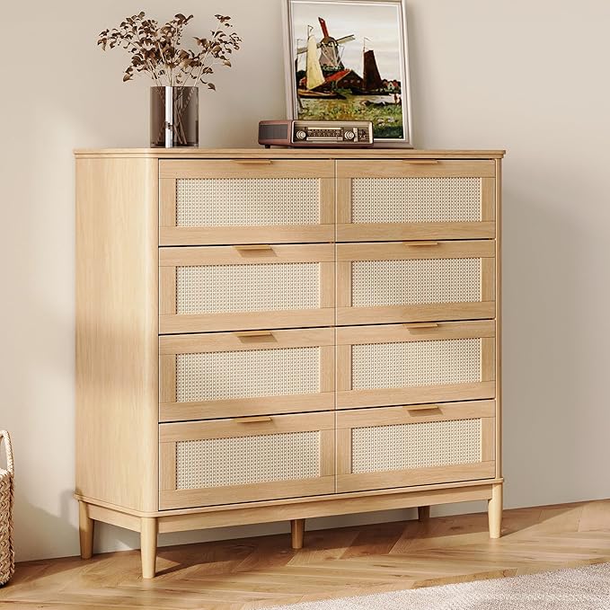 LINSY HOME Rattan Dresser with 8 Deep Drawers, 54" Wide Long Chest of Drawers, Mid Century Modern Tall Dresser, Large Wood Boho Storage Cabinet for Bedroom with Metal Handle and Durable Legs, Oak