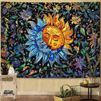 Accnicc Sun and Moon Tapestry Boho Hippie Floral Wall Tapestry for Bedroom Aesthetic Vintage Stained Glass Celestial Plant Small Tapestries Wall Hanging for Living Room Dorm 48 x 36 Inch