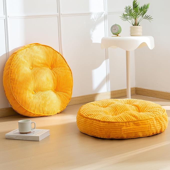 Washable Floor Pillow Cushion for Adults, Meditation Cushion Pillow, Large Round Floor Sitting, Removable Tufted Corduroy Cover, for Tatami Living Room or Yoga, 22x22 Inch, 2Pack, Machine Washable