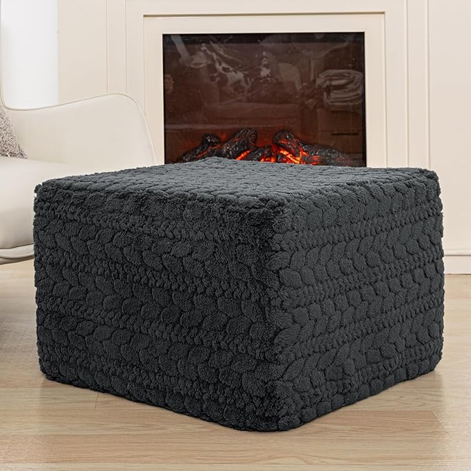 20x20x14 Inches Fluffy Square Pouf Ottoman - Plush Furry Ottoman Foot Rest Stool with High-Density Foam, Versatile Floor Seating for Living Room (Gray)