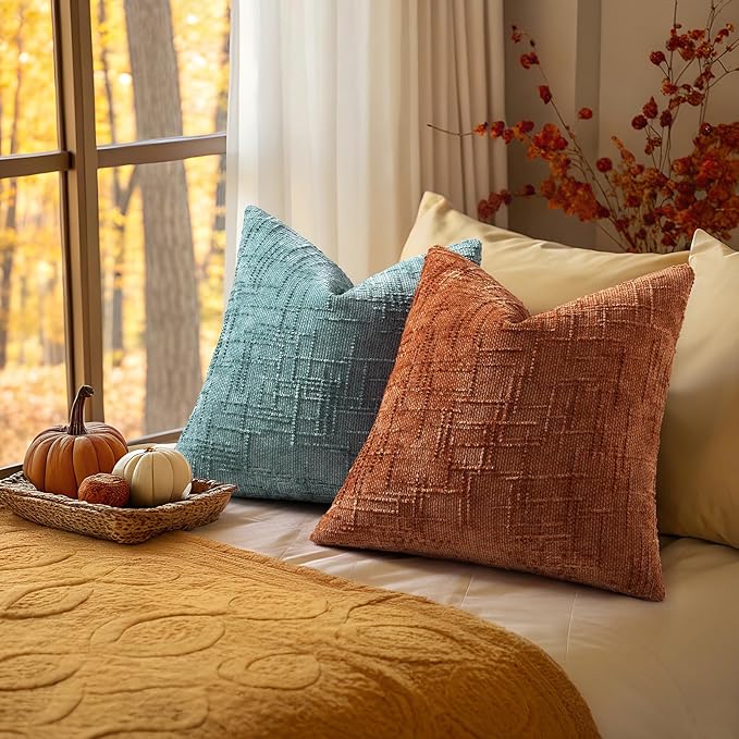 decorUhome Spring Rust Chenille Throw Pillow Covers 18x18 Set of 2 Textured Soft Cozy Slubby Couch Pillow Covers Modern Farmhouse Boho Decorative Pillow Cases for Bed Sofa Living Room