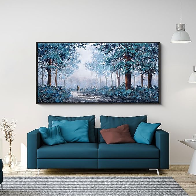 KLAKLA Blue Tree Wall Art for Living Room - Black Frame Border Bedroom Art - Prussian Blue Tree Wall Art for Bedroom - Framed Artwork Blue Leaves Plant Forest Wall Decor