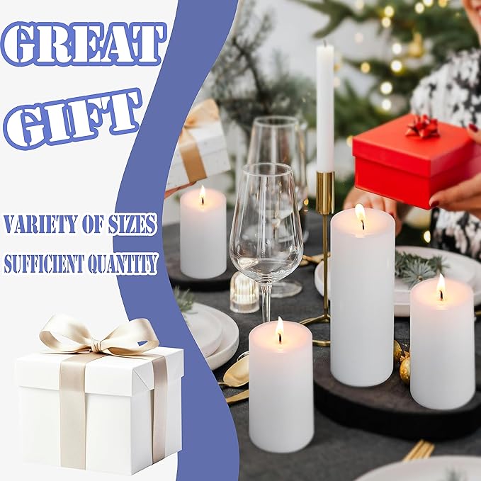 36 Pcs White Pillar Candles Bulk Set，2x3 2x6 2x8 Inch - 12 Each Size，Hurricane Candles，Dripless Unscented Smokeless，Gives You a Better Atmosphere When Organizing an Event Party.
