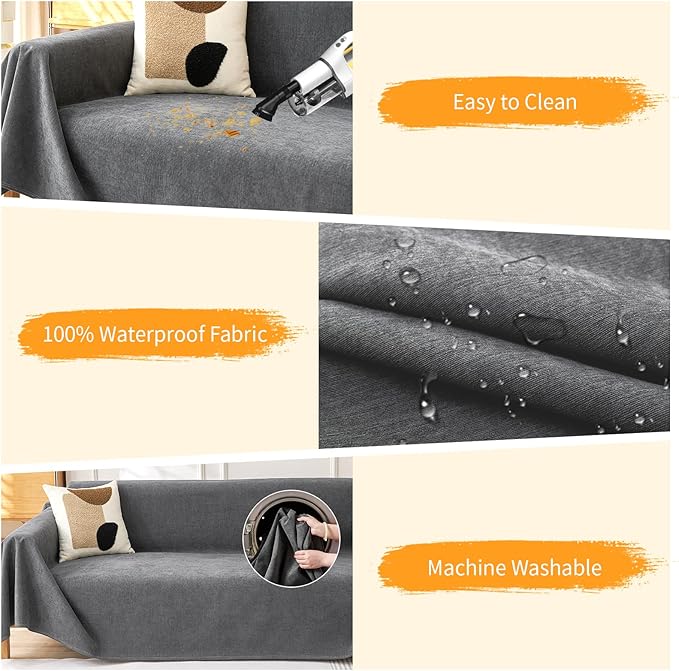 Deep Dream Cat-Scratch Resistant Couch Cover, Waterproof Sofa Cover for 3 Cushion Couch Washable, Pet Friendly Couch Protectors Anti Slip Thickened Sofa Slipcovers for Dogs Pets, 91" x 150", Dark Grey