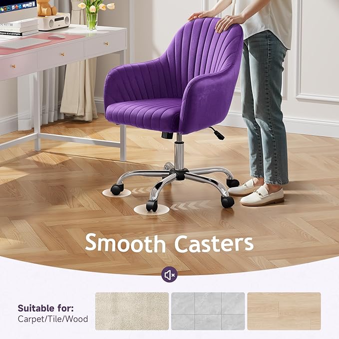 Warmiehomy Desk Chair, Velvet Office Chair for Home Office, Comfy Vanity Chair, Girl Cute Makeup Chair with Arm Rest for Bedroom Dressing Room, Purple