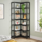 Tribesigns Corner Shelf, 7-Tier Industrial Corner Bookshelf, Wood and Metal Corner Etagere Bookcase, Freestanding Display Shelf for Living Room, Kitchen, Home Office, All Black