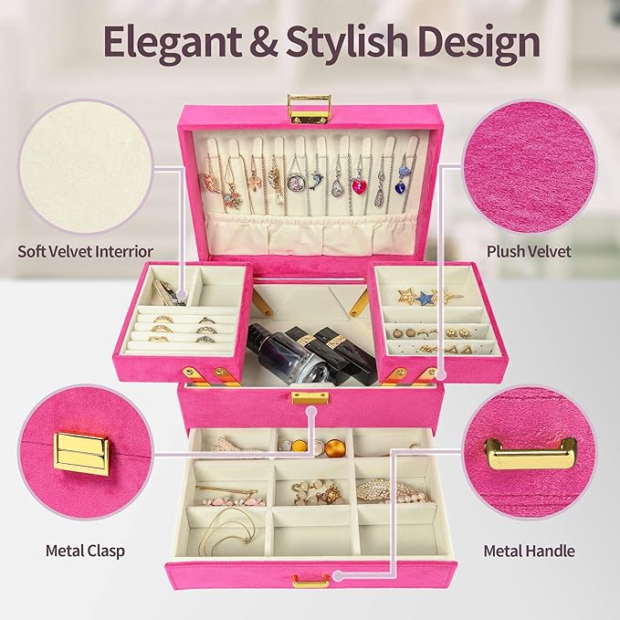 Dajasan Jewelry Organizer Box, Large Jewelry Boxes for Women Girls, Compact 3 Layers Jewelry Storage Case with Drawer, Gift Idea for Christmas, Valentine's Day, Birthday, Mother's Day (Red)