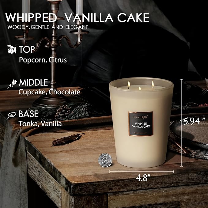 HomeLights Scented Candles, Big 33.3 oz for Home, Natural Soy Aromatherapy Candles, Smokeless Long Lasting 130 hrs with 3 Cotton Wicks, Candles Gifts for Women & Men, Whipped Vanilla Cake