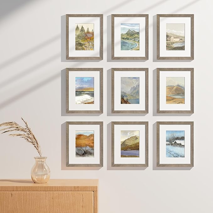 Vittanly 8x10 Picture Frames Set of 9, Shatter Resistant Plexiglass, Display 5x7 Pictures with Mat or 8x10 without Mat, Photo Frames for Wall or Tabletop, Engineered Wood, Grayish Brown