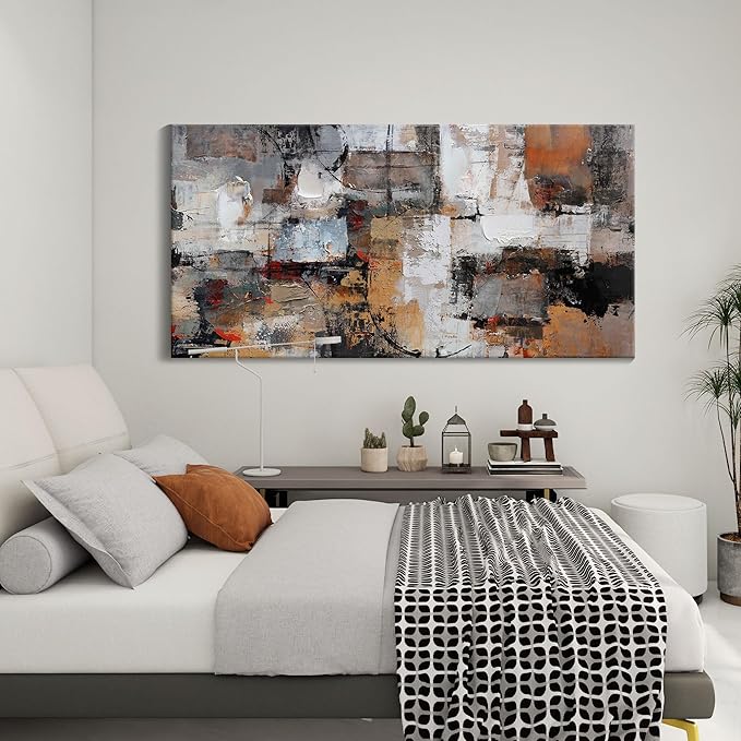 Wall Art for Living Room - Abstract Canvas Wall Decor, Modern Minimalist Painting in Black and White - Framed pictures for Bedroom, Office Artwork, Brown Bedroom Wall Decor Above Bed 29×58IN