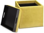 SIMPLIHOME Rockwood Cube Storage Ottoman with Tray - 17 inch Wide Upholstered Velvet Fabric Square Storage Ottoman in Dijon Yellow, Contemporary Cube Ottoman for Living Room with Serving Tray