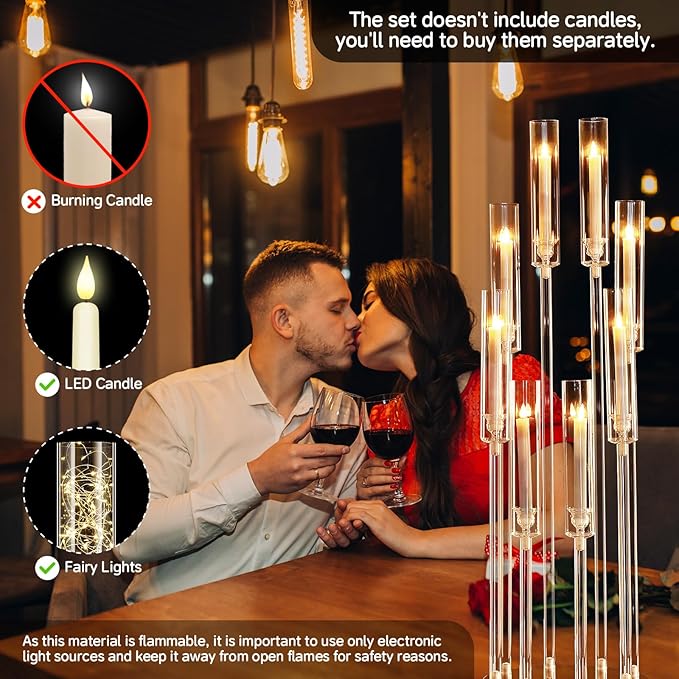 8 Arms Acrylic Candelabra Centerpieces for Wedding Table Decorations,38.5'' Tall Clear Candlesticks Holder with Acrylic Shade for Valentine's Day Dinner Party Fireplace Gift,Fits LED Candles