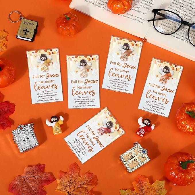 100 Pcs Thanksgiving Fall Jesus Figures Bulk 100 Fall for Jesus He Never Leaves Cards Little Maple Leave Figurines Greeting Cards Mini Pocket Figures for Religious Party Favors Gifts