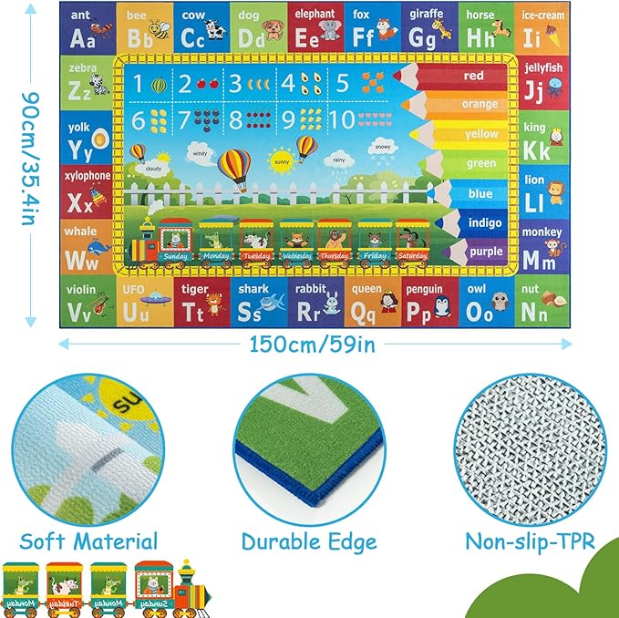 Unirea 3x5 Kids Rug for Playroom Bedroom Living Room, Washable Educational Play Mat with ABC Alphabet, Numbers, Animals for Classroom, Nursery, Colorful Learning Carpet for Toddlers, Rainbow