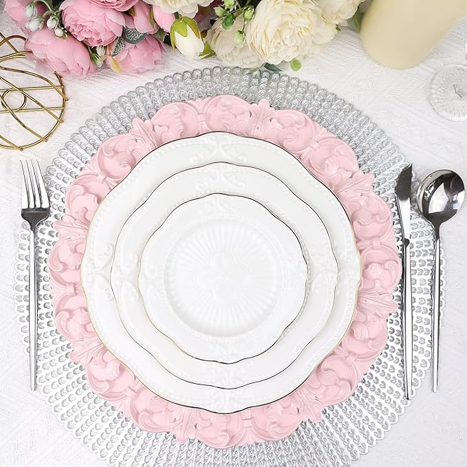 13" Pink Charger Plates, Set of 6 Plastic Textured Chargers for Dinner Plates with Embossed Rim, Table Décor, Party, Wedding, Holiday