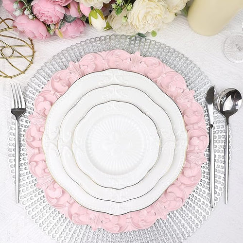 13" Pink Charger Plates, Set of 6 Plastic Textured Chargers for Dinner Plates with Embossed Rim, Table Décor, Party, Wedding, Holiday