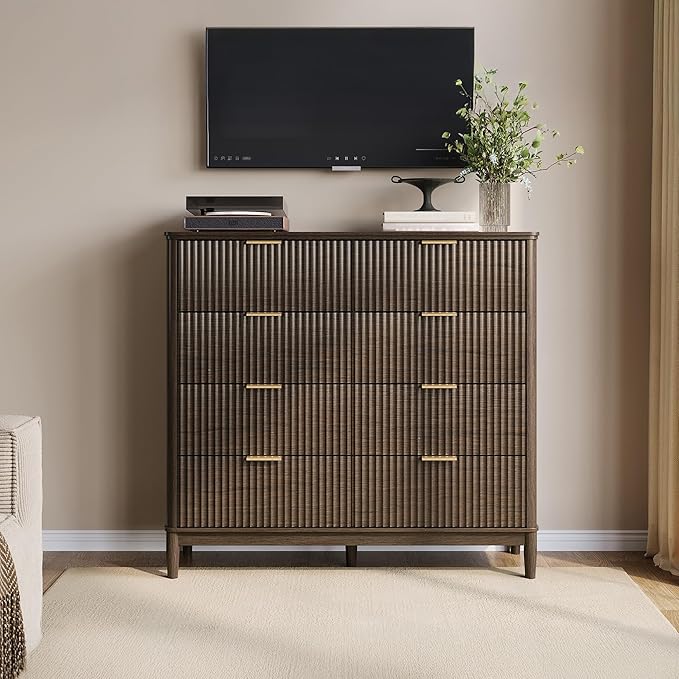 LINSY Fluted 8 Drawer Dresser for Bedroom, 47" Wide Mid-Century Modern Tall Chest of Drawers, Deep Storage Dresser with Curved Corner Design, Large Accent Wood Cabinet for Bedroom, Walnut