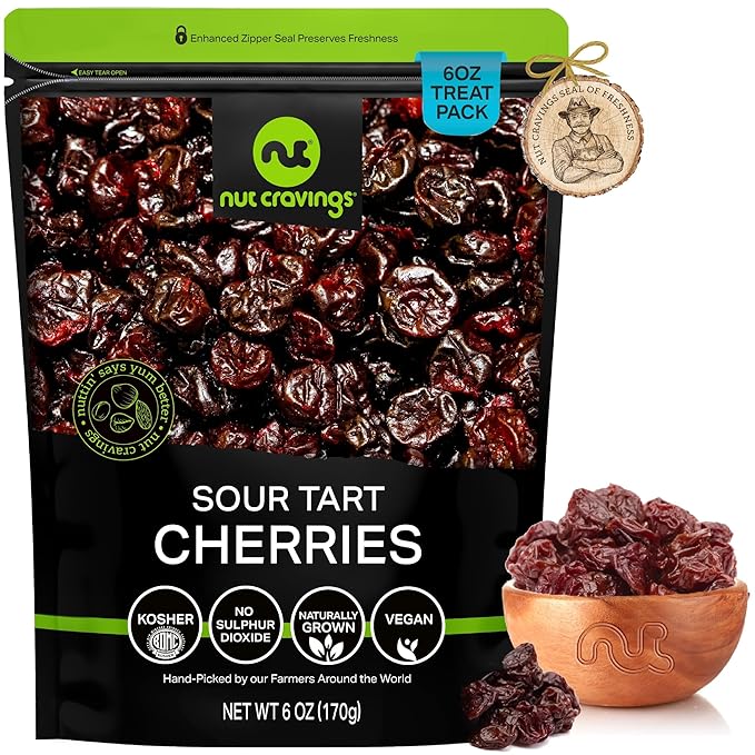 NUT CRAVINGS - Dried Sour Tart Cherries, Lightly Sweetened, Unsulphured (6oz, 1 Pack) Tu Bishvat Favorite - Sweet Healthy Snack, Vegan, Kosher, Resealable Bag