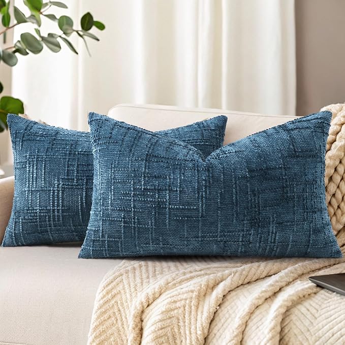 decorUhome Spring Navy Blue Chenille Throw Pillow Covers 12x20 Set of 2 Textured Soft Cozy Slubby Couch Pillow Covers Modern Farmhouse Boho Decorative Pillow Cases for Bed Sofa Living Room