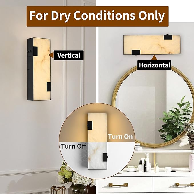 Modern Alabaster Wall Sconce 14.17” Black Frame with Natural Marble Shade Dimmable 3000K Warm Glow Light for Bedroom Hallway Bathroom Fireplace Staircase