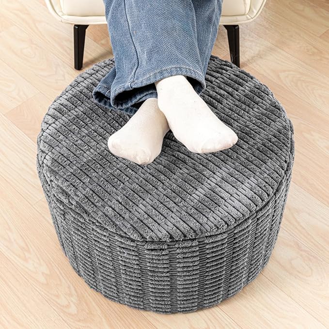 Stuffed Pouf Ottoman with Modern High-Density Foam Faux Fur Poufs Pouf Stool Round Foot Stool Cushion Storage Ottoman 20 * 12''Floor Poufs Ottoman Foot Rest for Living Room (Dark Grey)