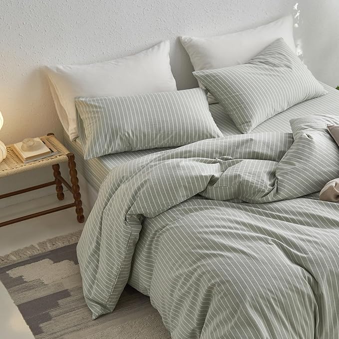 MooMee Striped Duvet Cover Set 100% Washed Cotton Linen Like Textured Breathable Durable Soft Comfy (Sage Green White Wide Stripes, Oversized King Plus 128"x120")
