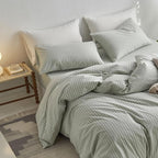 MooMee Striped Duvet Cover Set 100% Washed Cotton Linen Like Textured Breathable Durable Soft Comfy (Sage Green White Wide Stripes, Queen 90"x90")