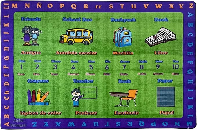 SAFECASTLE Alphabet Spanish Kids Educational Area Rug – 6'6" x 8'4" – Bilingual English & Spanish Learning Carpet with ABC Letters, Numbers & Classroom Objects – Classroom, Daycare & Preschool Rug