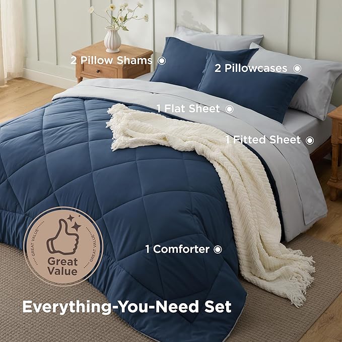 Bedsure California King Comforter Set - 7 Pieces Reversible Navy Bedding, California King Size Bed Set for All Seasons, Bed in a Bag with Down Alternative Comforter, Sheets, Pillowcases & Shams