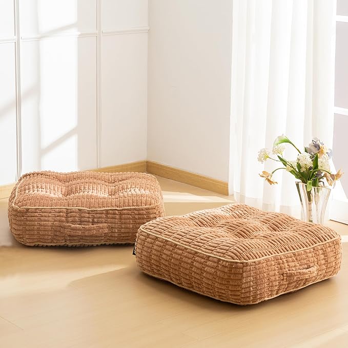 6" Washable Floor Pillow Cushion for Adults, Meditation Cushion Pillow, Removable Tufted Blended Corduroy Cover, Large Square Floor Sitting for Tatami Living Room or Yoga, 2Pack, Machine Washable