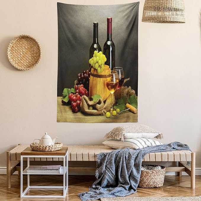 Ambesonne Winery Tapestry Twin Size, Cask Bottles and Glasses of Wine and Ripe Grapes on Wooden Table Picture Print, Wall Hanging Bedspread Bed Cover Wall Decor, 68" X 88", Grey Taupe