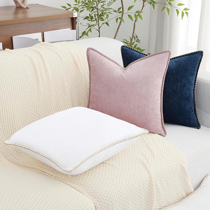 decorUhome Spring Chenille Soft Cozy Throw Pillow Covers 16x16 Set of 2, Modern Farmhouse Boho Velvet Decorative Pillow Cases with Stitched Edge for Couch Sofa Bed Home Decor, White