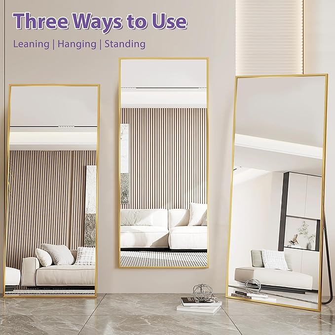 Full Length Mirror, 76"x34" Oversized Floor Mirror Freestanding, Full Body Mirror Floor Standing Mirrors with Stand, Hanging Mounted Mirrors for Bedroom Living Room, Gold, Rect Style